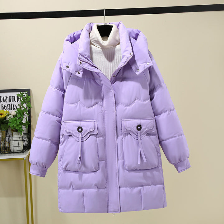 Ladies Long Puffer Jacket with practical hood collar and large pockets Lune London