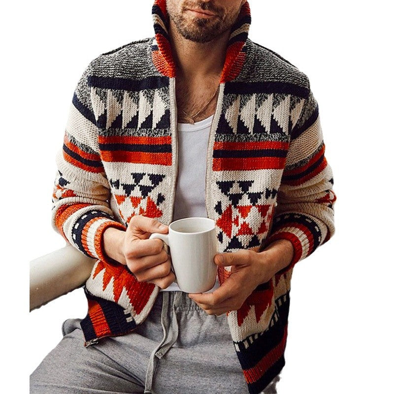 Men's knit jacket with geometric pattern and high collar Lune London