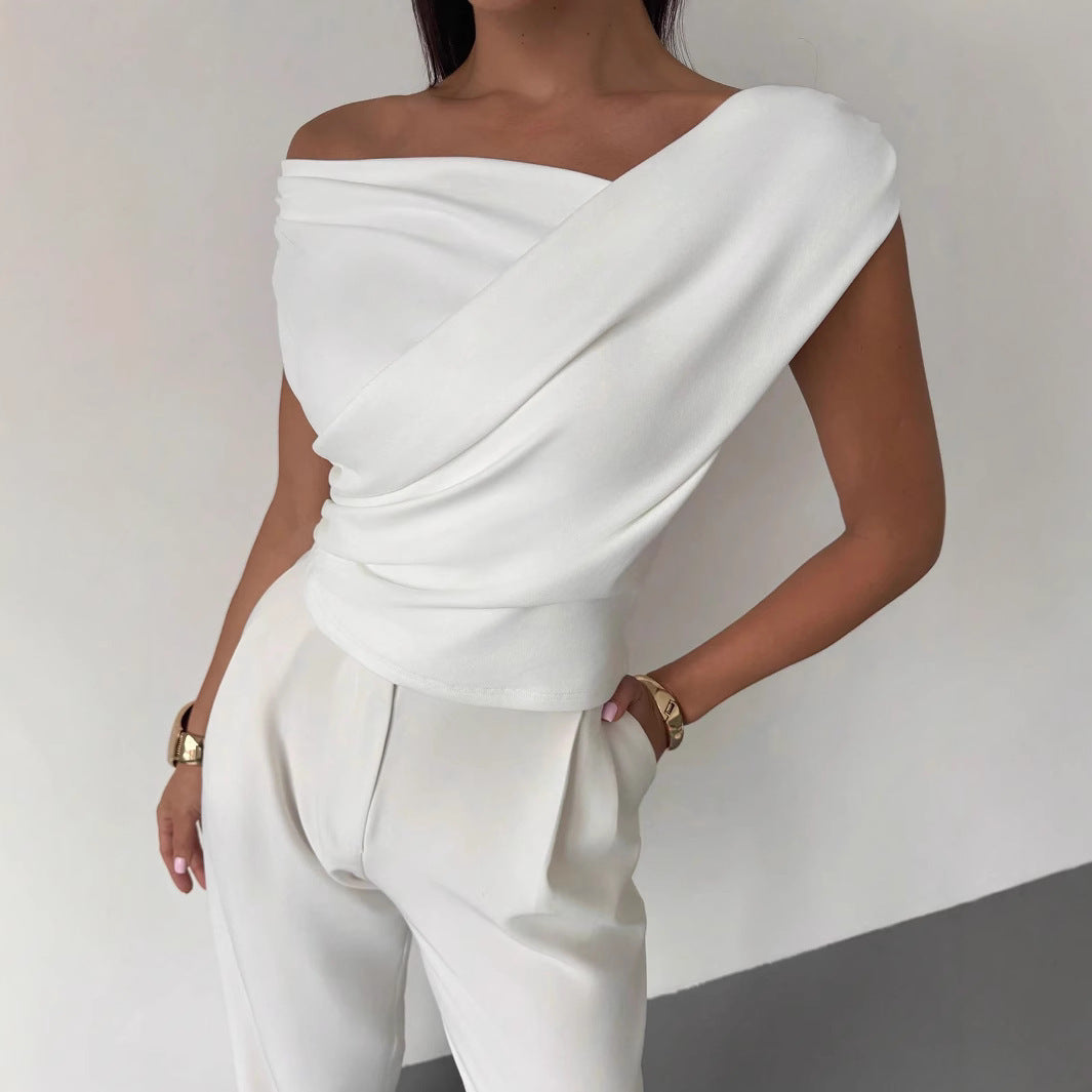 Women Elegant Draped Top with Asymmetric Cut Lune London