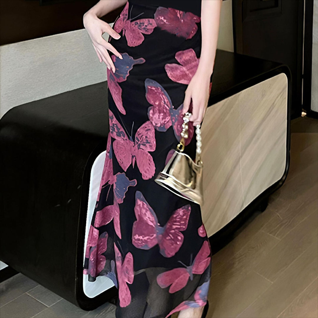 Ladies Elegant Maxi Dress with Floral Butterfly Patterns and Transparent Hem