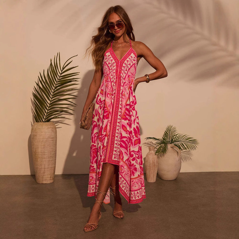 Boho-inspired maxi dress for women with an elegant V-neck and an asymmetrical hem Chic & Stil