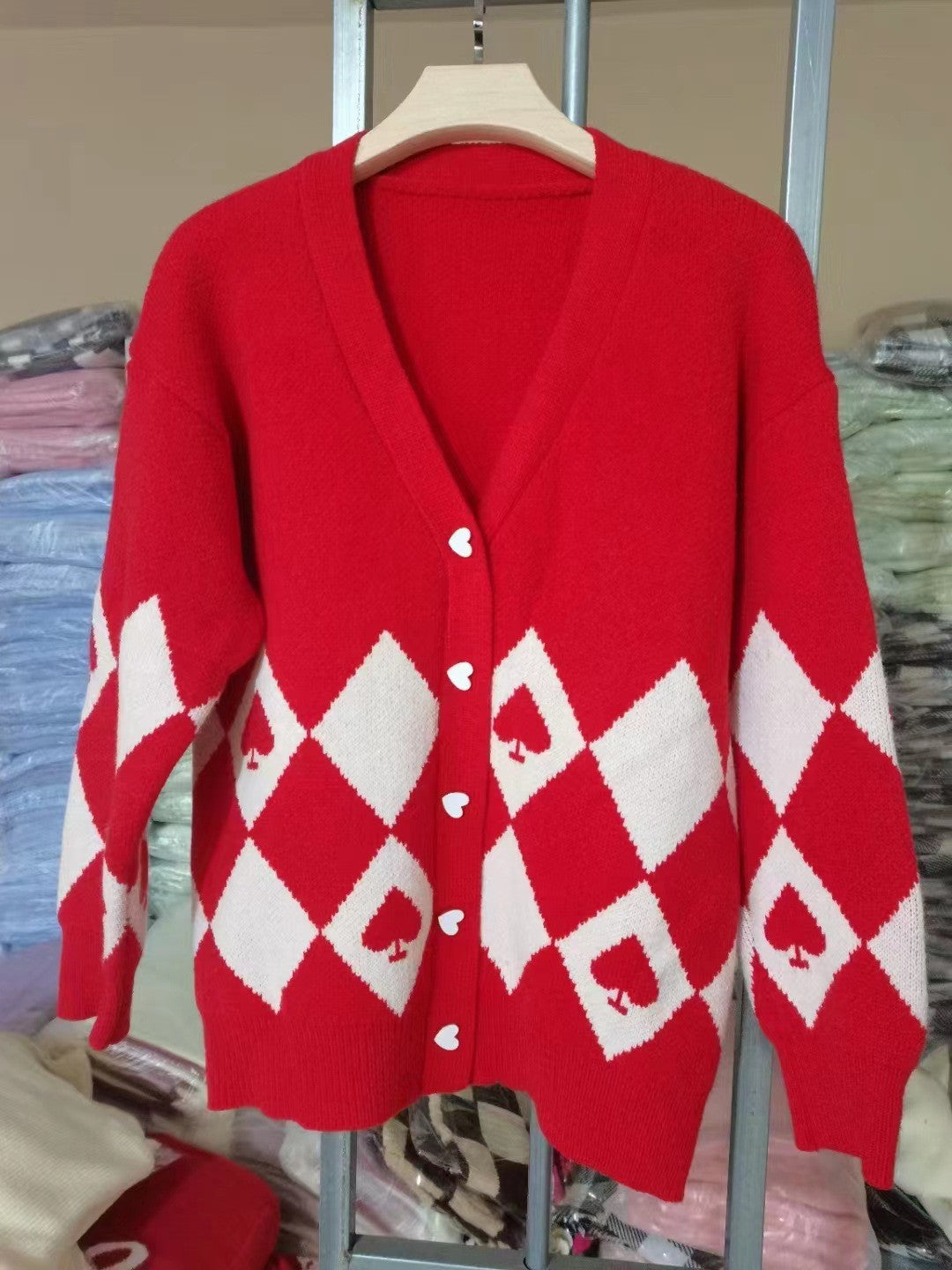 Knit jacket for women with heart-shaped buttons and diamond pattern Lune London