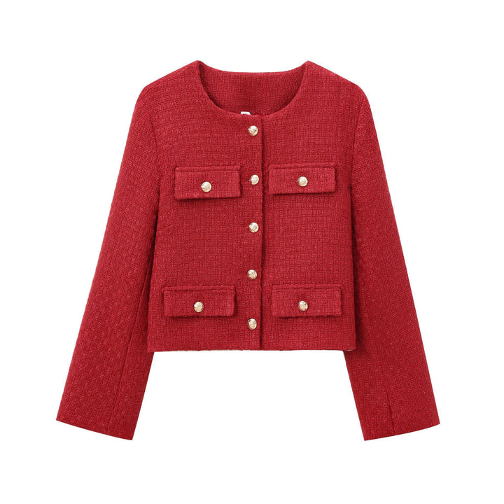 Elegant blazer jacket for women in structured tweed with decorative button details Lune London