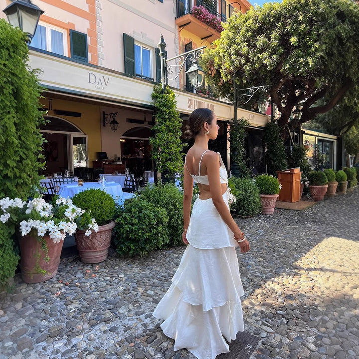 Maxi dress for women with a refined gathered design and a playful knot detail Lune London