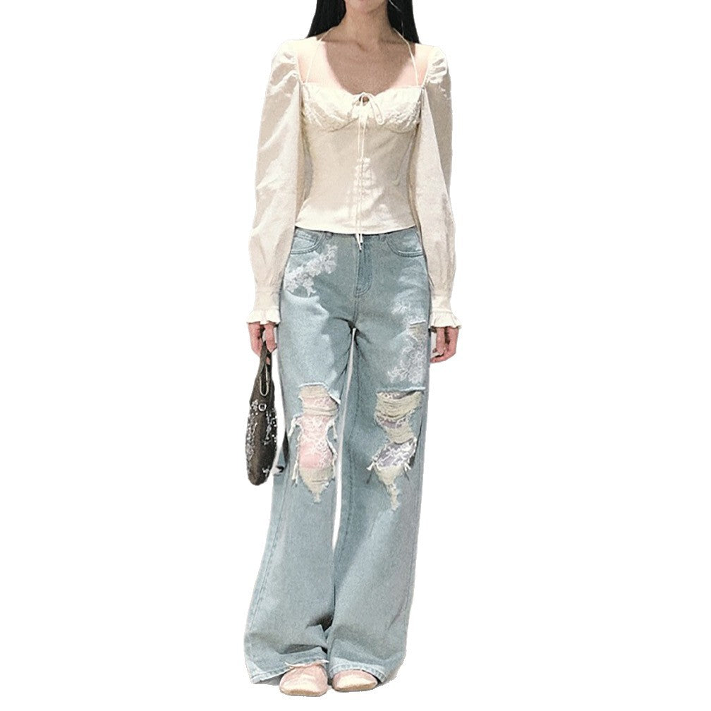 Women's wide cut jeans with individual destroyed details and floral print Lune London