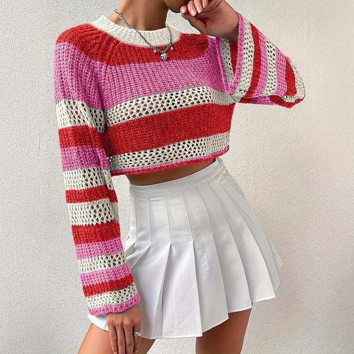 Knitted sweater for women with a playful hollow pattern and colorful stripes Lune London
