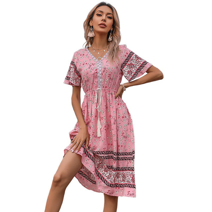 Bohemian casual mid-length dress for women with fringe tie detail Lune London