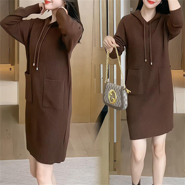 Knitted dress for women with hood and practical pockets Lune London