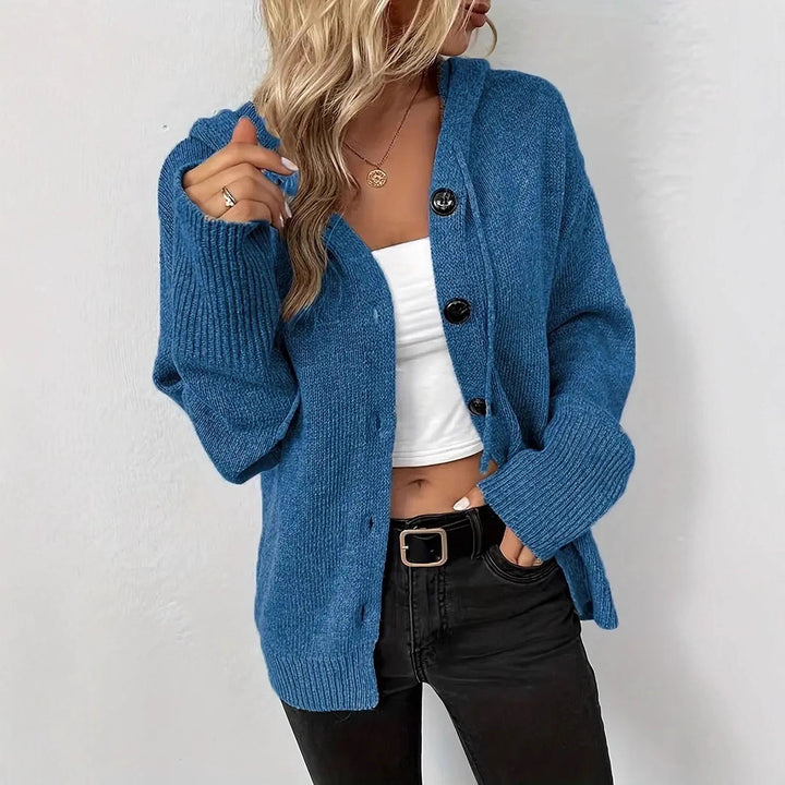 Ladies comfortable cardigan with hood and large buttons Lune London