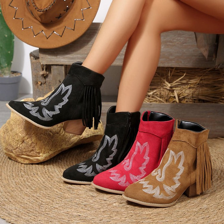 Stylish ankle boots for women with fringed detail and stylish patterned print Lune London
