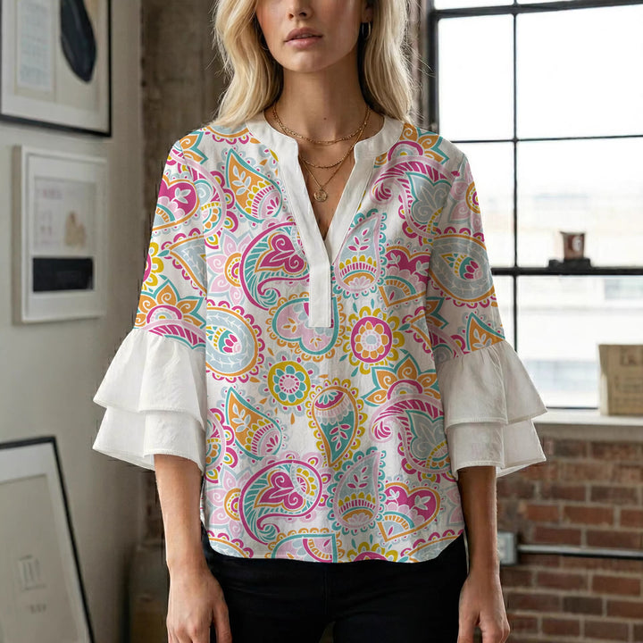 Women's blouse with voluminous wing sleeves and intense leaf pattern Lune London