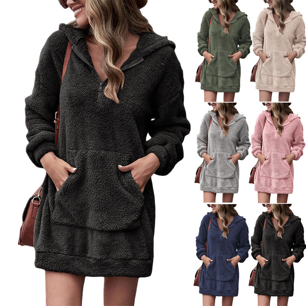 Cozy fleece dress for women with hood and pockets Lune London