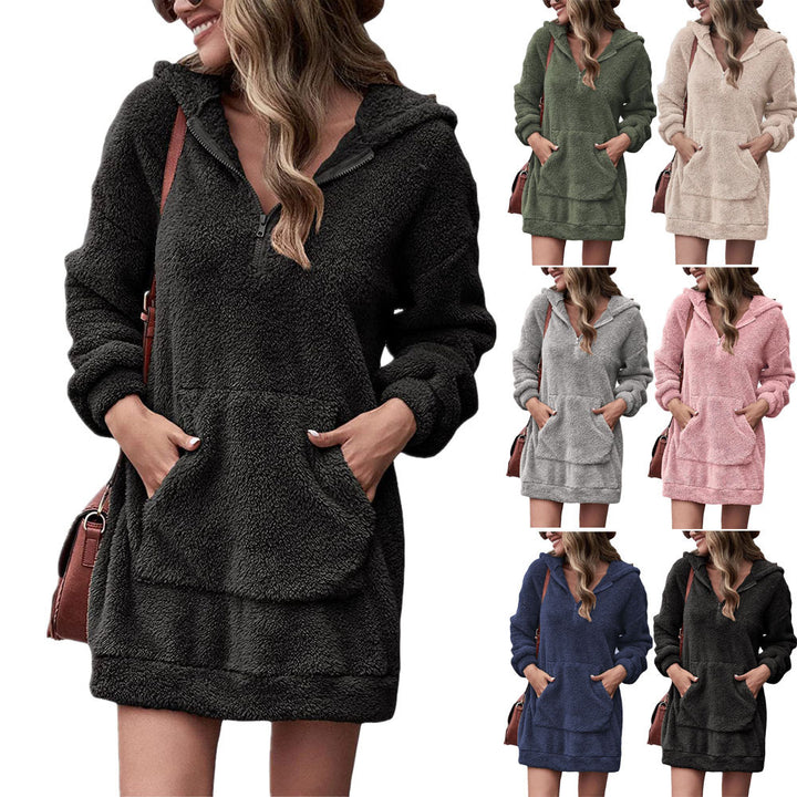 Cozy fleece dress for women with hood and pockets Lune London
