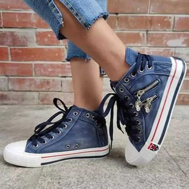 High-top sneakers for women with a modern vintage look featuring trendy zipper details Lune London