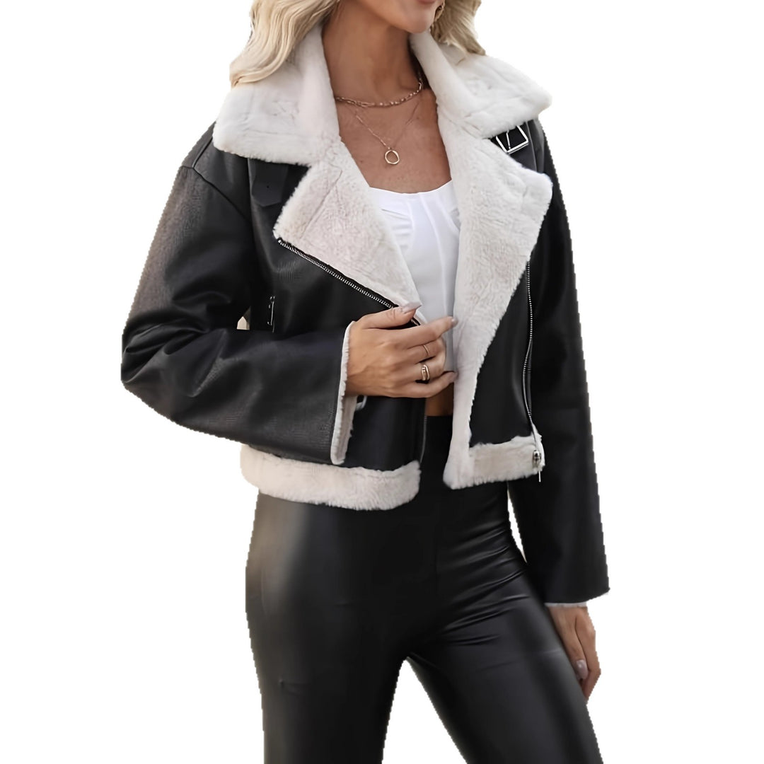 Fashionable synthetic leather jacket for women with faux fur collar and fitted cut Lune London