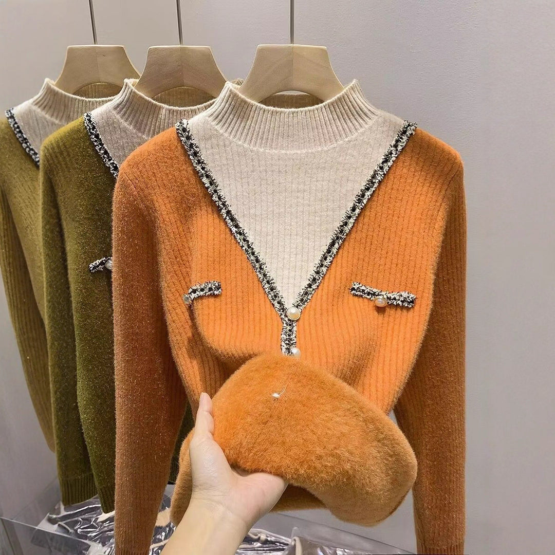 Pull femme à la mode avec col en V, détails scintillants et boutons Chic & Stil