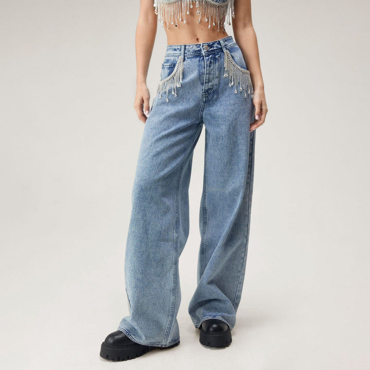 Women High-Waisted Wide Leg Jeans with Subtle Distressing Lune London