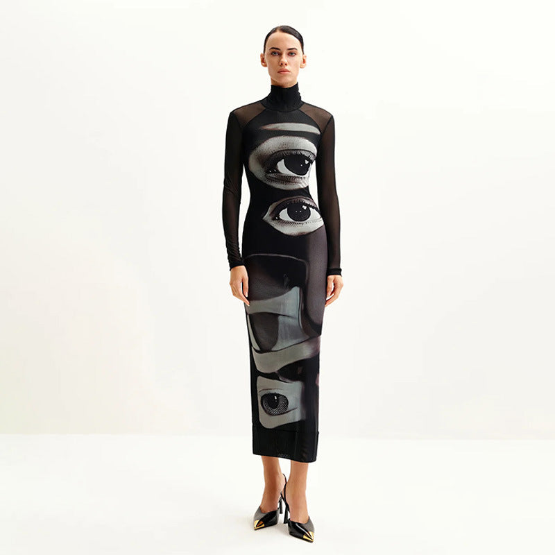 Women's Long Sleeve Maxi Dress with Graphic Pattern and High Neck Collar Lune London