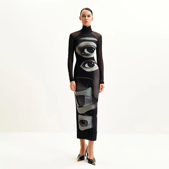 Women's Long Sleeve Maxi Dress with Graphic Pattern and High Neck Collar Lune London
