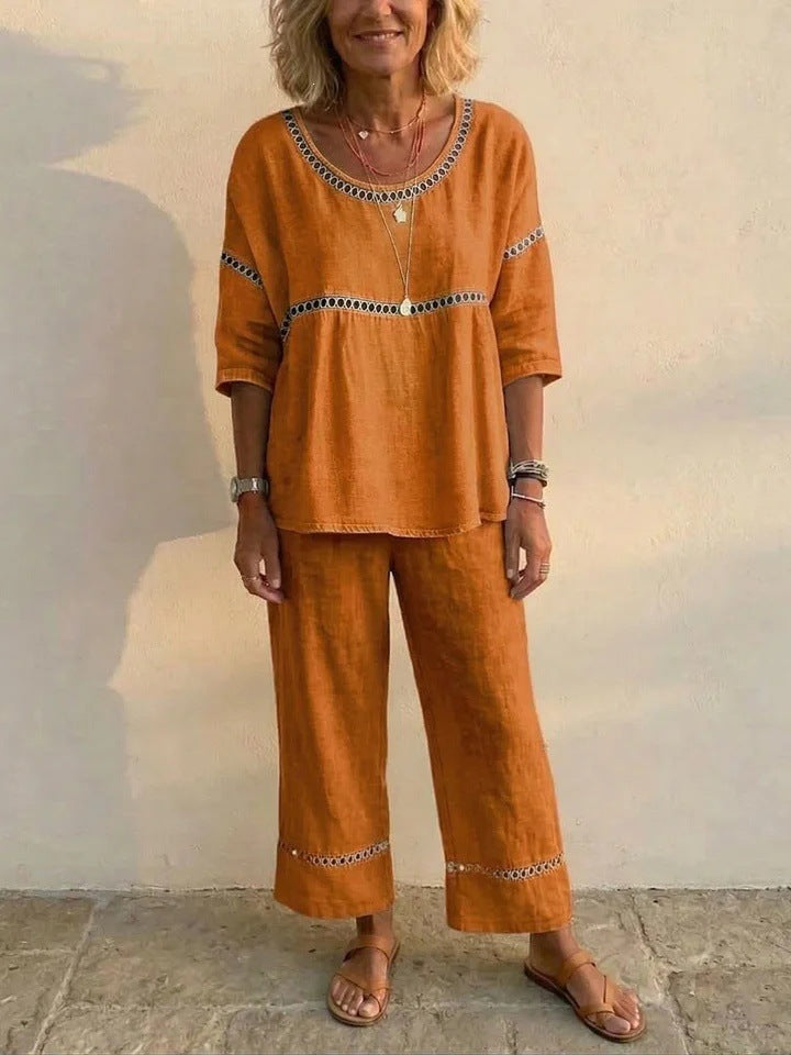 Women's Complete Loungewear Set Made of Linen with Airy Fit and Lace Details Chic & Stil