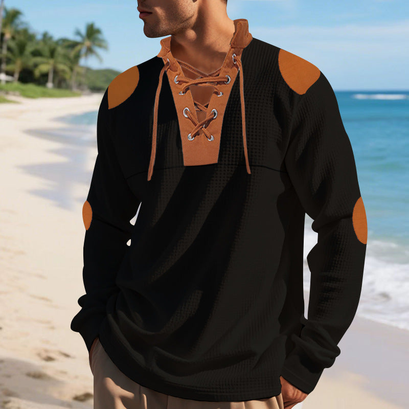 Casual long sleeve Henley shirt for men with an original lace-up design and contrasting elbow patches Lune London