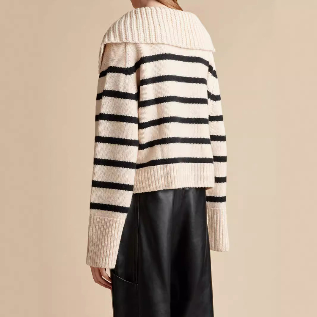 Trendy knitted sweater for women with distinctive collar and striped pattern Lune London