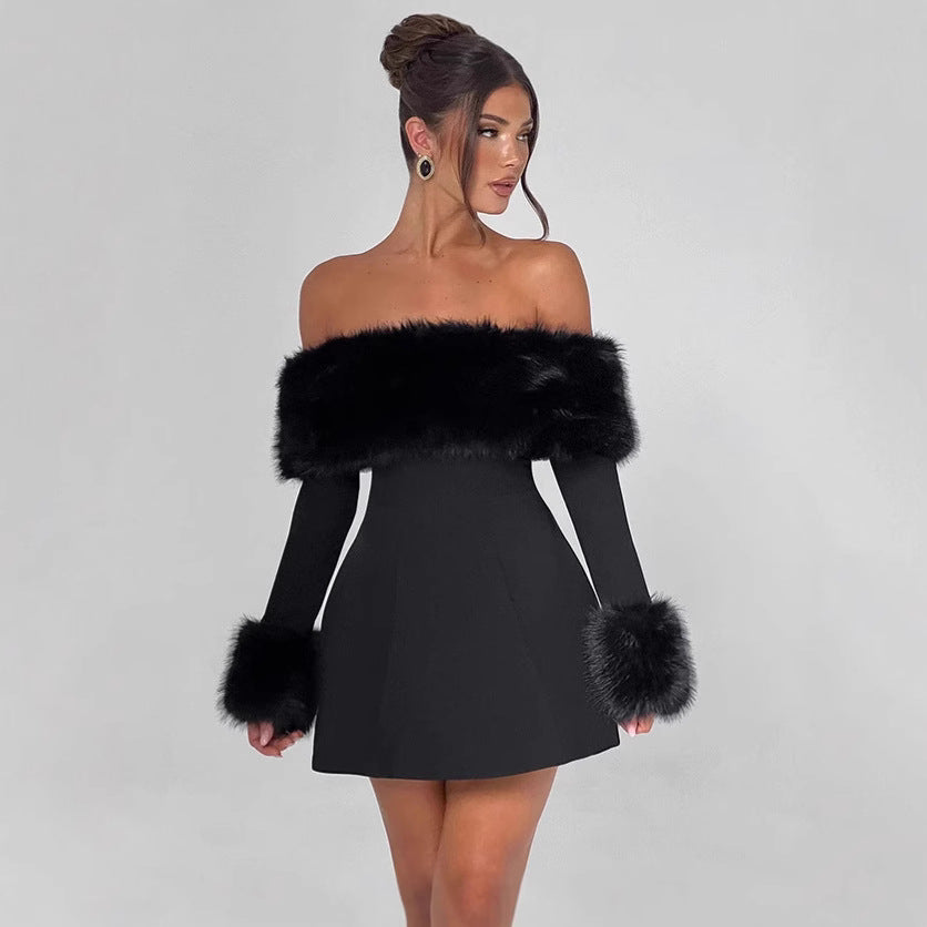 Off-the-shoulder cocktail dress for women with elegant felt borders Lune London
