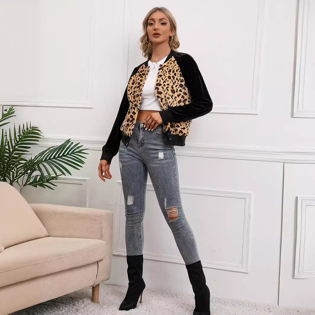 Elegant ladies bomber jacket with leopard print and velvet inserts Lune London