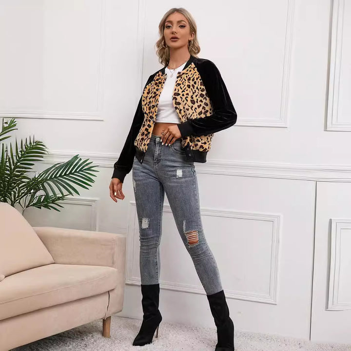 Elegant ladies bomber jacket with leopard print and velvet inserts Lune London