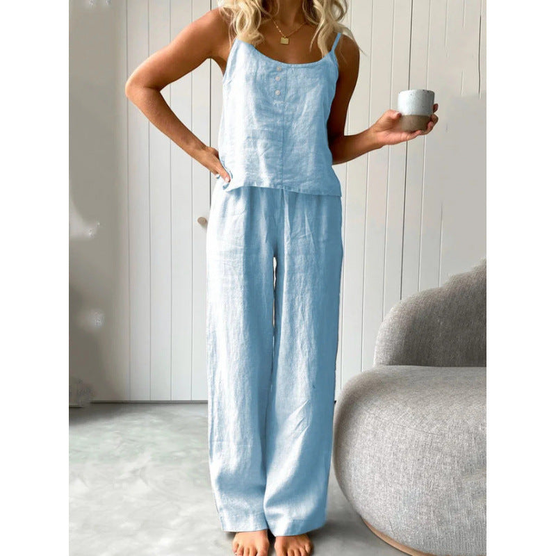 Casual linen set for women with strapless blouse and wide leg pants Lune London