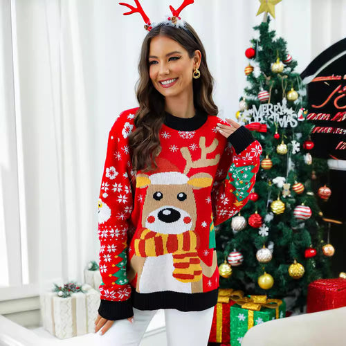 Christmas Knit Sweater for Women with Festive Reindeer Design and Detailed Colorful Patterns Lune London