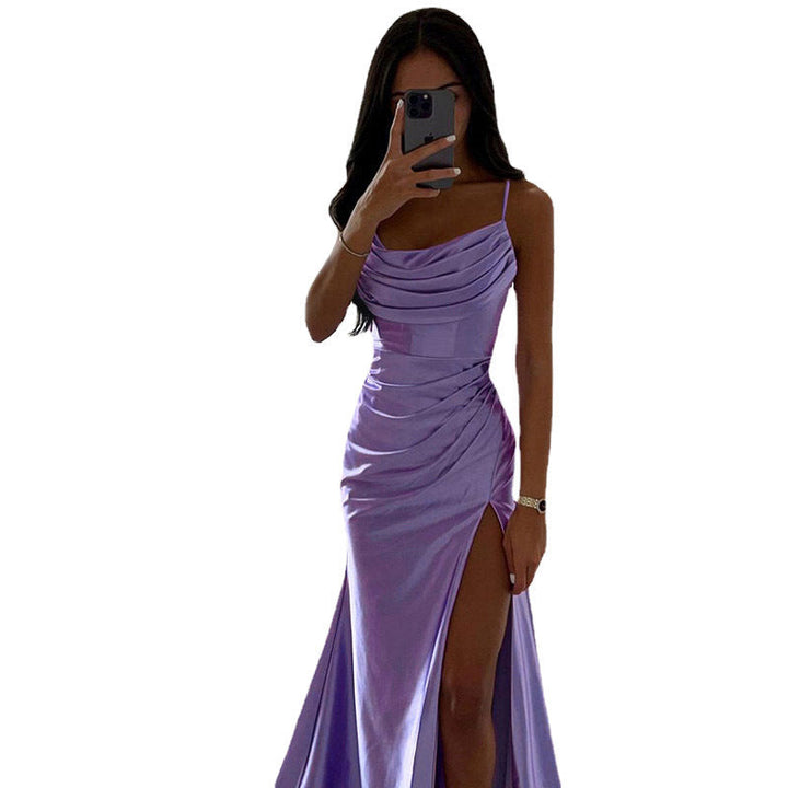 Lune London | Lace-up Pleats Slit Satin Slim Fit Bodycon Dress