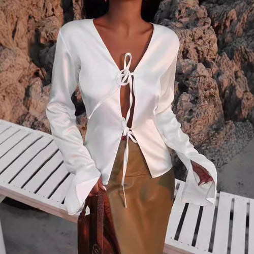 Lune London women's satin blouse with deep V-neck and ties