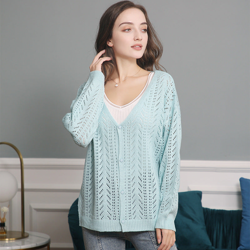 Women's knitted cardigan with airy lace pattern and V-neck Lune London