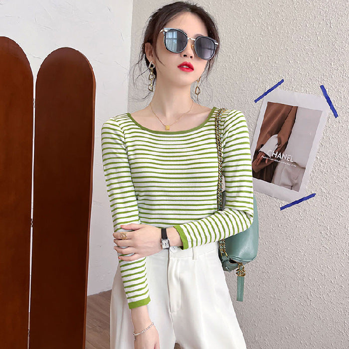 Women's long-sleeve shirt with maritime striped pattern and wide round neckline Chic & Stil