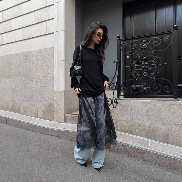 Pull décontracté surdimensionné pour femmes avec des détails de volants élégants et une transparence à la mode Chic & Stil