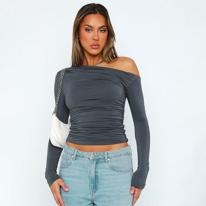 Stylish oversized shirt for women with offset collar and gathers Lune London