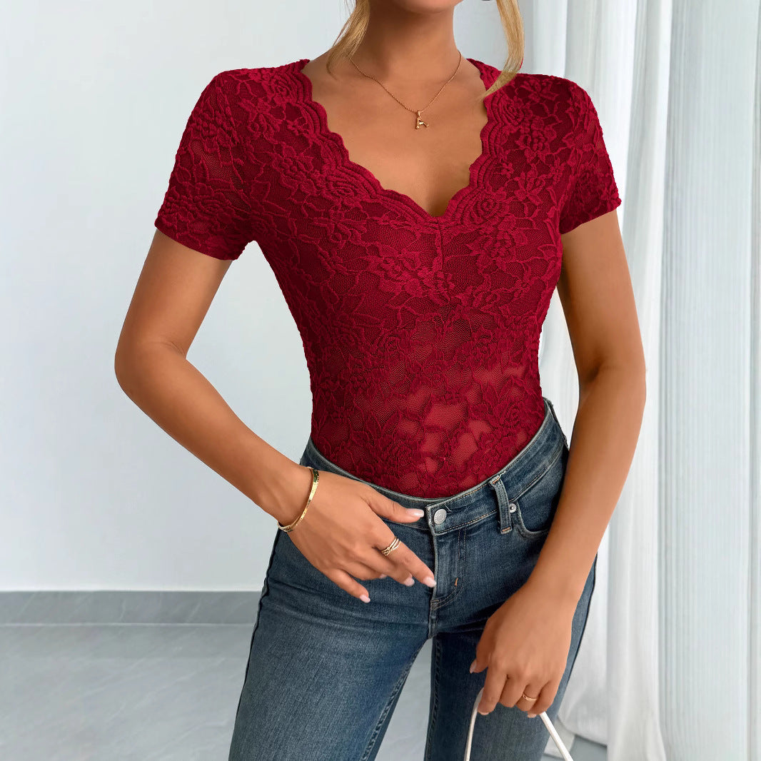 Lune London | Women Solid Sexy Lace V-Neck Short Sleeve