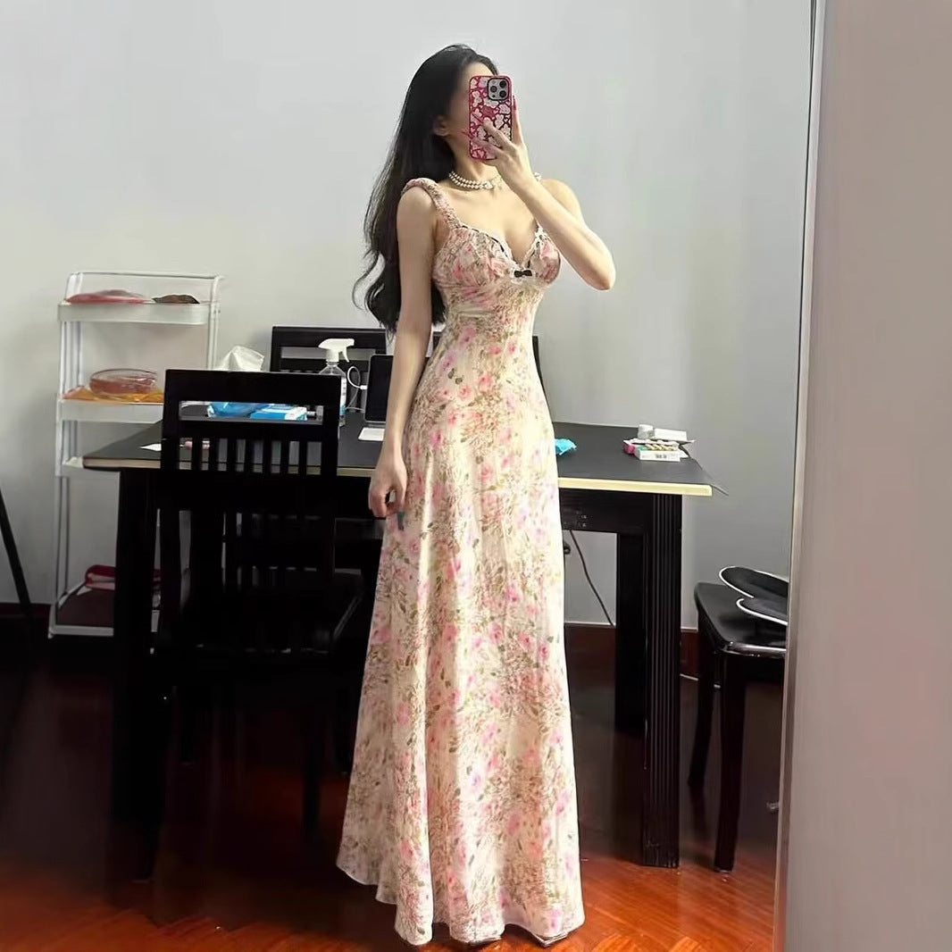 Maxi dress for women with floral design, frills, and elegant cut Lune London