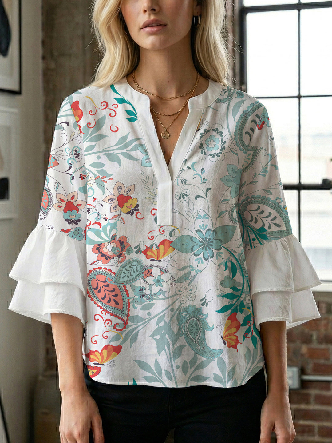 Women's flower creation with voluminous ruffled sleeves Lune London
