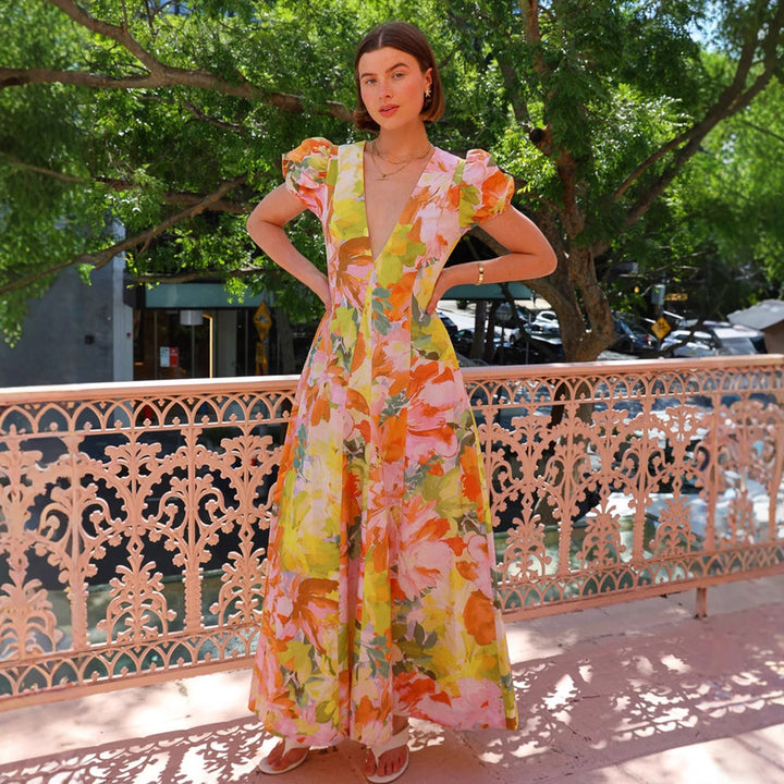 Chic & Stil V neck maxi dress with puff sleeves