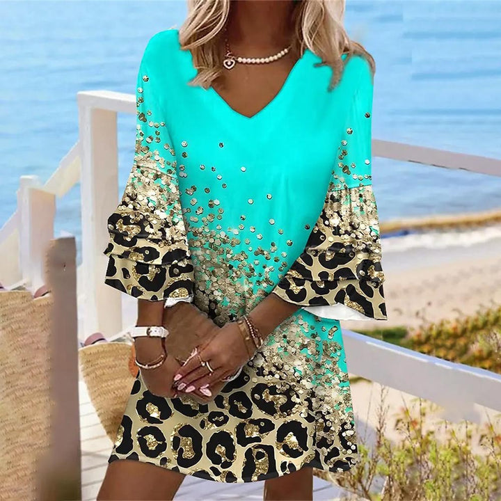 Ladies Sequin printed leopard V-neck tunic dress Lune London