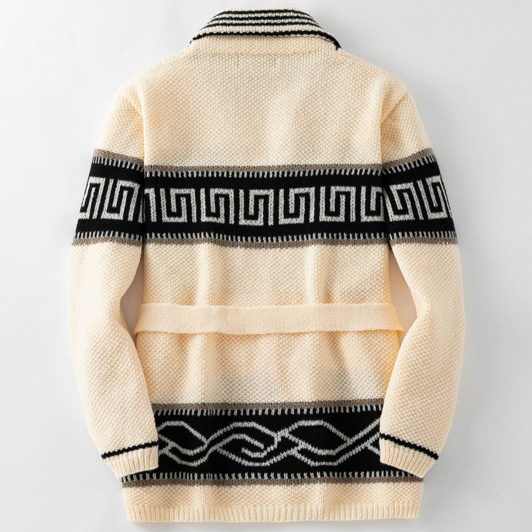 Ladies Fashion Knit Jacket with Belt and Chic Geometric Pattern