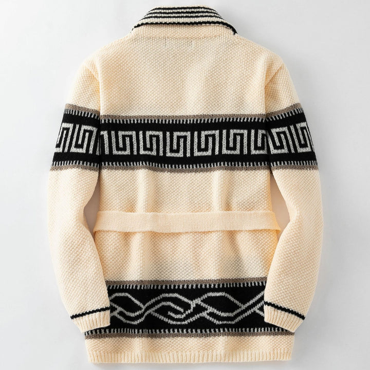 Ladies Fashion Knit Jacket with Belt and Chic Geometric Pattern