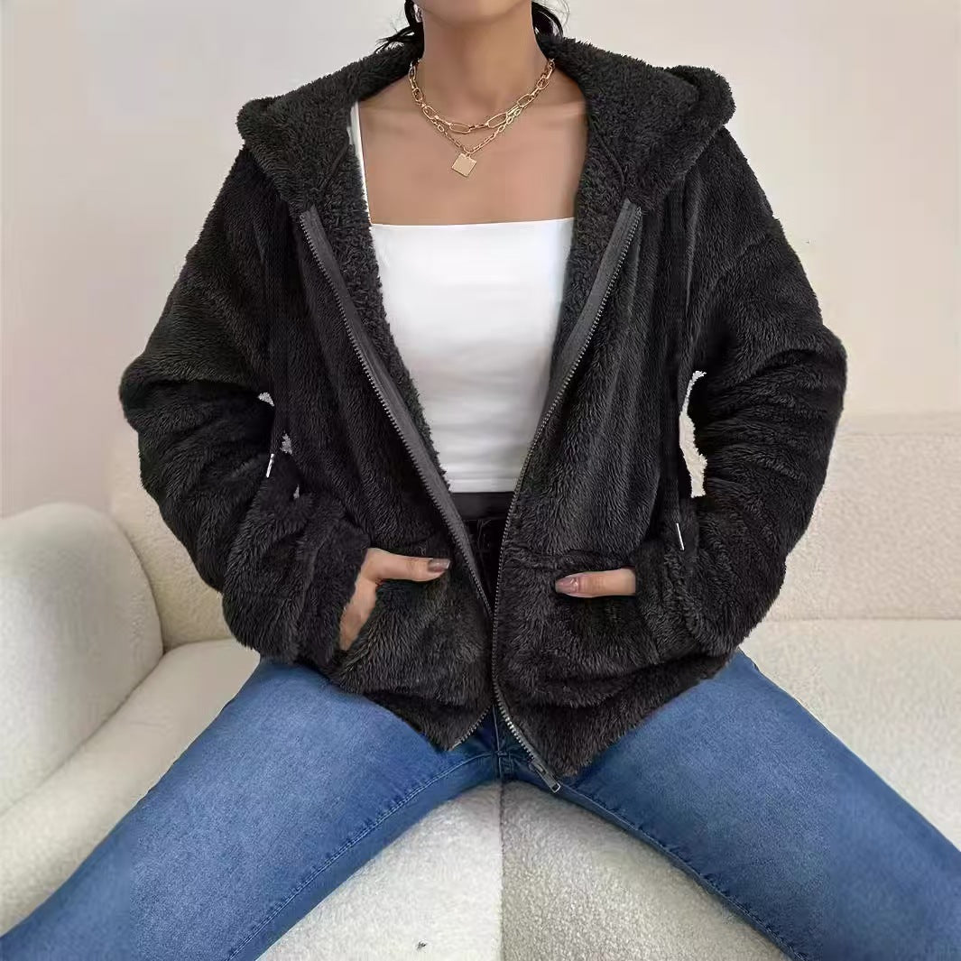 Ladies Cozy Fleece Jacket with Hood and Side Pockets Lune London