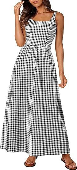 Robe maxi femme à motif à carreaux classique avec bretelles réglables et taille élastique Chic & Stil