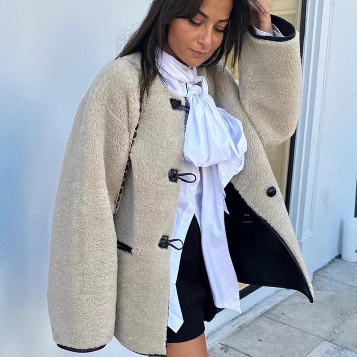 Ladies Comfortable Teddy Jacket with Contrast Button Details and Pockets Lune London