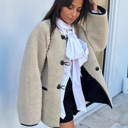 Ladies Comfortable Teddy Jacket with Contrast Button Details and Pockets Lune London