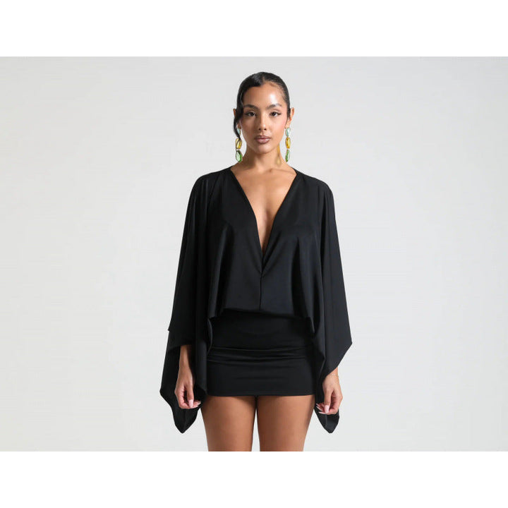 Ladies Chic Mini Dress with Voluminous Sleeves and Elegant Stand Collar Lune London