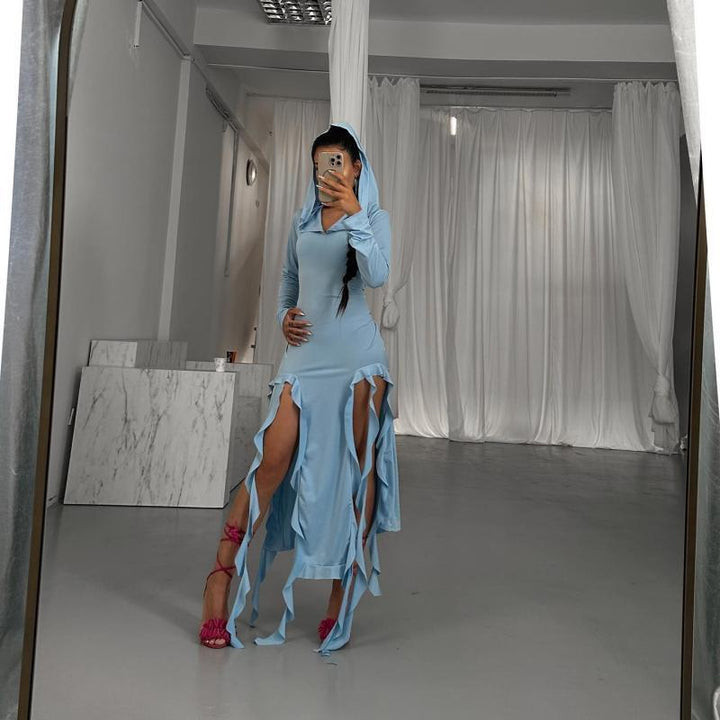 Maxi dress with long sleeves for women with hood and ruffle details Lune London